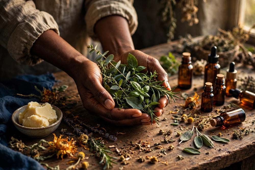 Hands holding fresh botanicals at the Bare Botanics apothecary